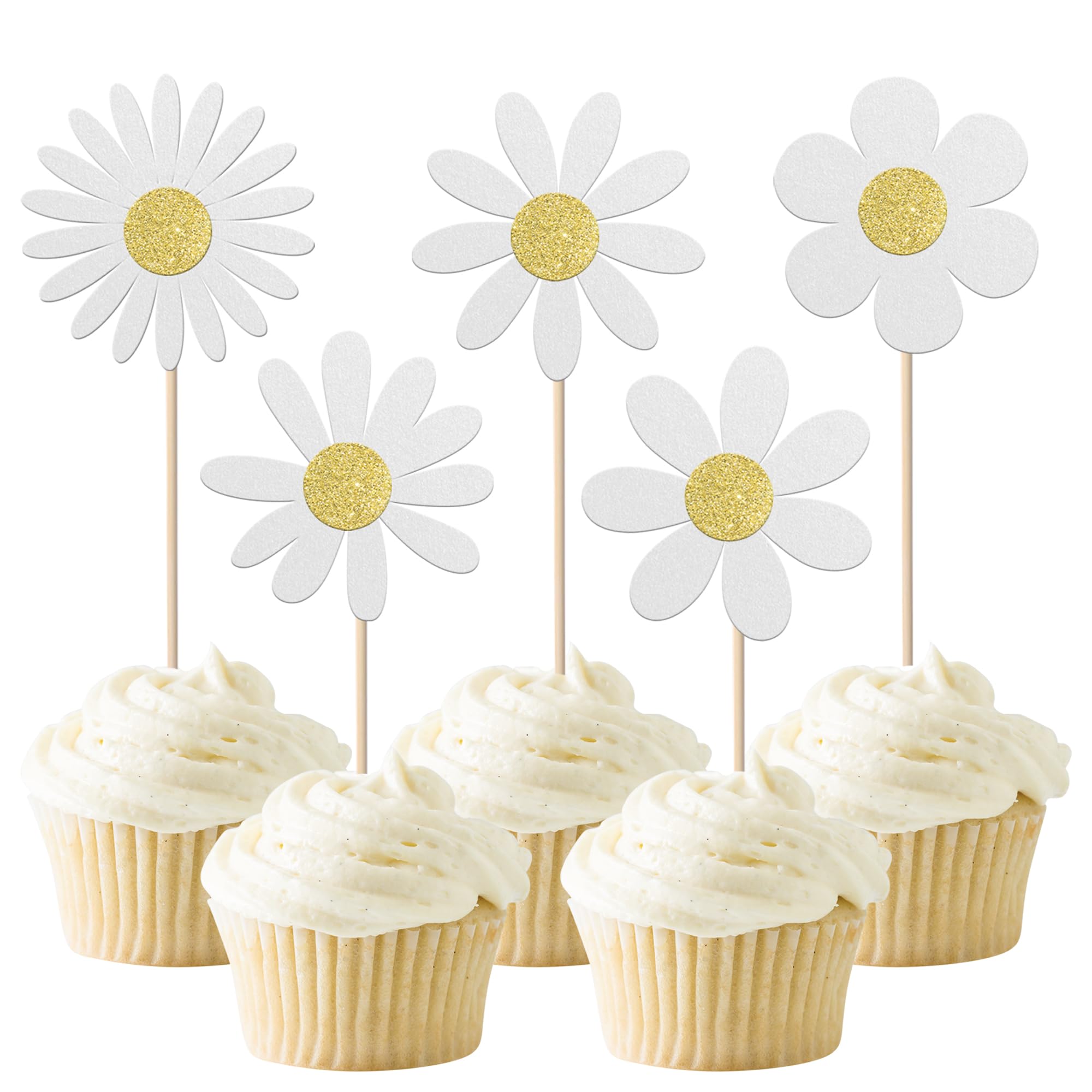 SYKYCTCY 30 Pack Daisy Cupcake Toppers Glitter Daisy Flower Cupcake Picks Spring Daisy Flower Chrysanthemum Birthday Cupcake Decorations Kids birthday Party Supllies