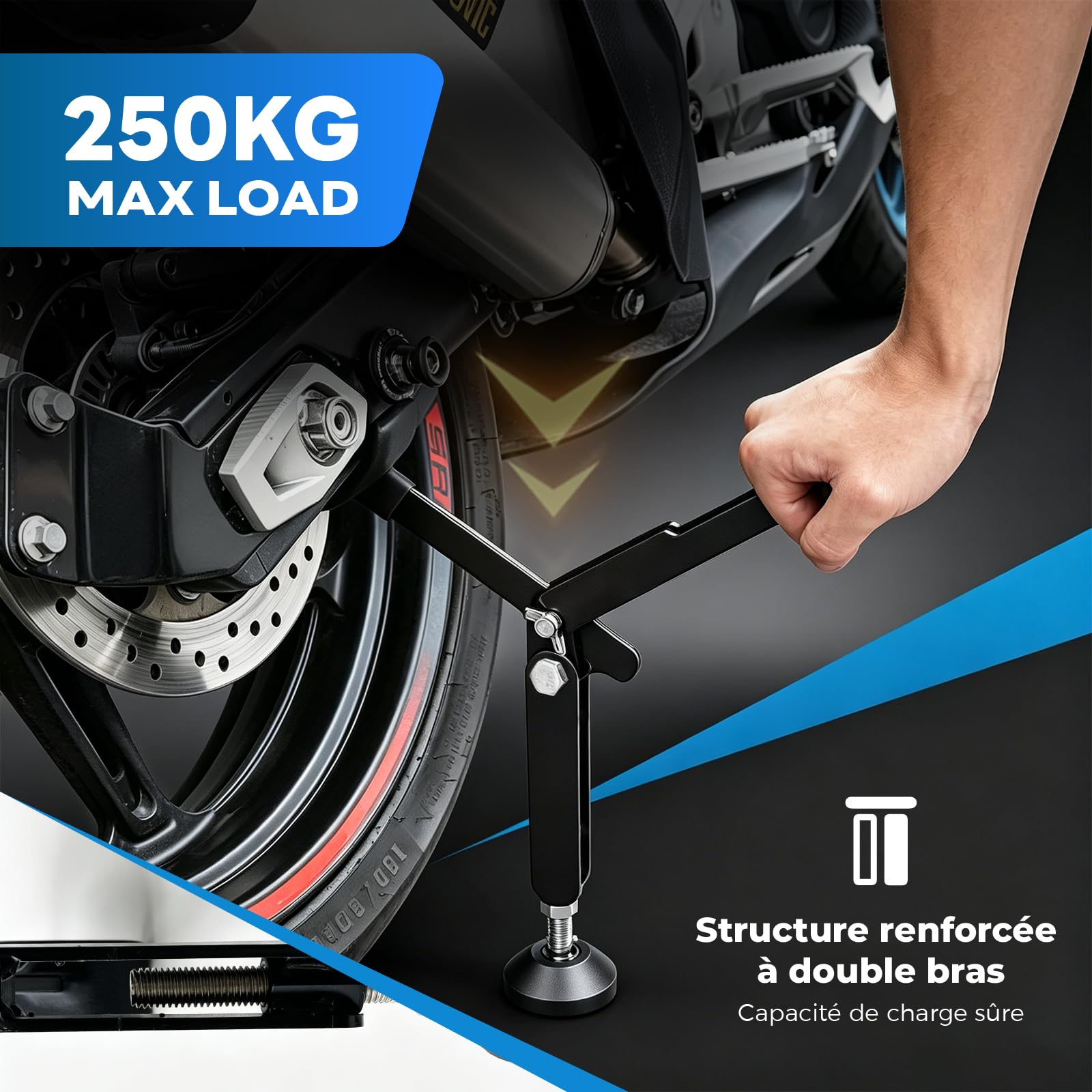 Bequille Moto Pliable, Crics de Levage Portable pour Roue Arrière, Leve Moto Universel avec Poignée, Hauteur et Angle Réglables, pour la Plupart de Moto, Vélo, Tout-Terrain