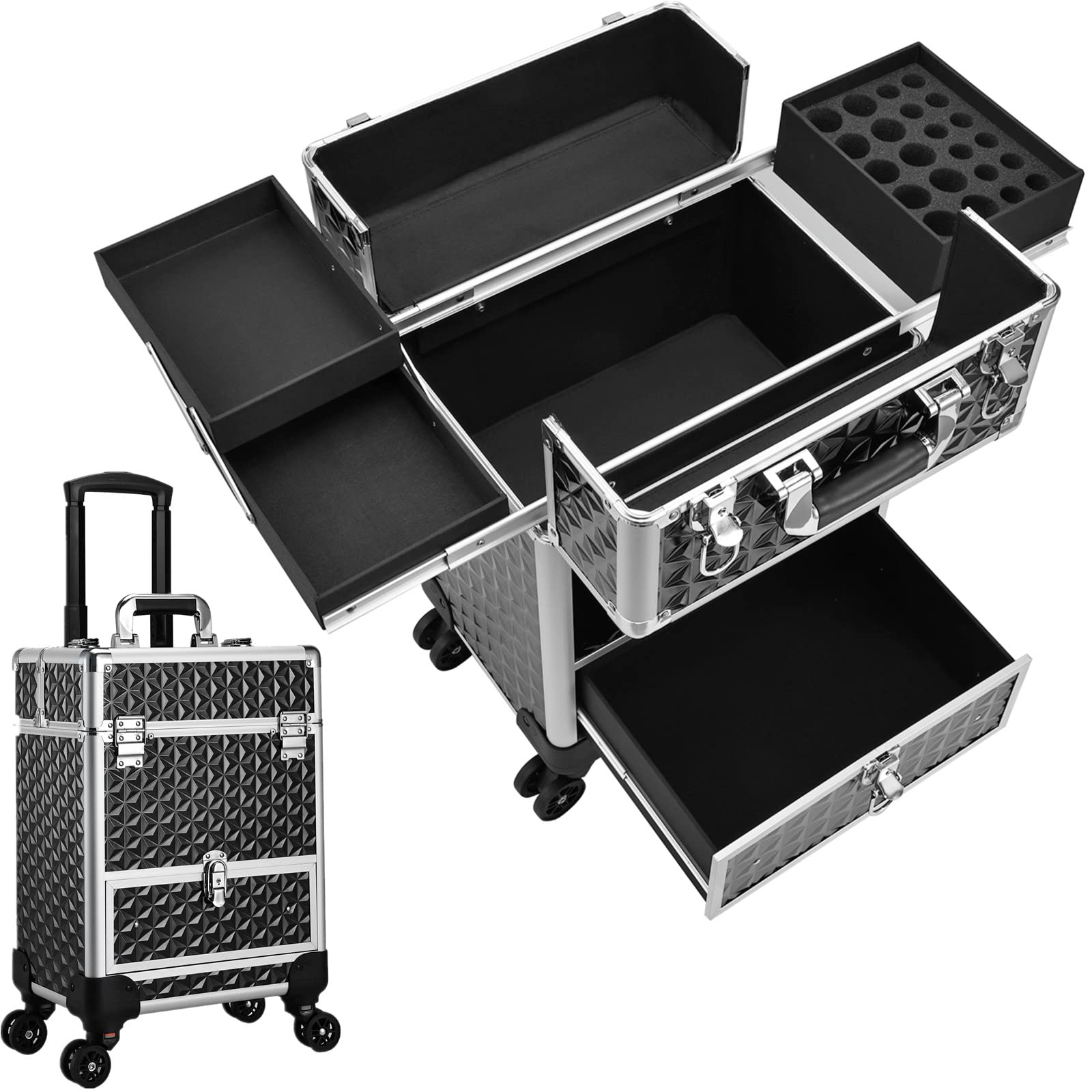 CostravioRolling Makeup Train Case, Large Storage Professional Cosmetic Trolley Makeup Travel Case with Drawer Key Swivel Wheels Beauty Barber Tattoo Case Trunk for Makeup Nail Tech, Black