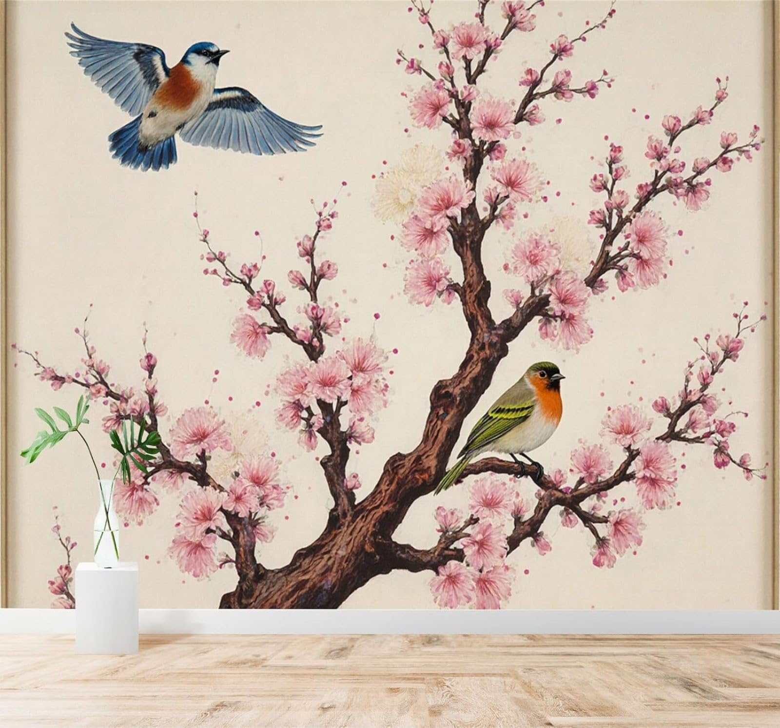 XLMING Minimalist Birds Cherry Blossom Tree Pink Flowers Branches 3D Wallpaper Silky Texture Home Study Office Grey Dining Room Sofa Bedroom Living Room TV Backdrop-150cm×105cm