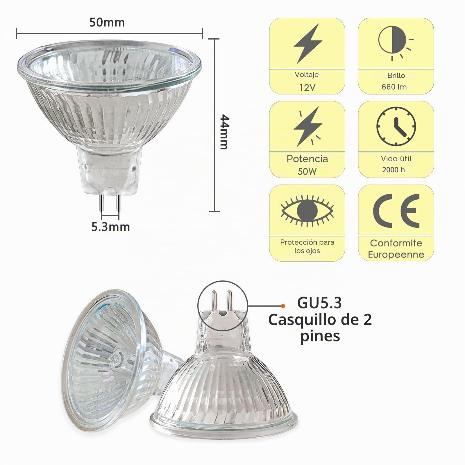 Caldarax Paquete de 8 Bombilla Halógena Reflectora GU5.3 12V 50W, Regulable Halógena Dicroica, 2700K Blanco Cálido, 660lm, Reflector Halógeno GU5.3 Foco, 36° Ángulo de Haz