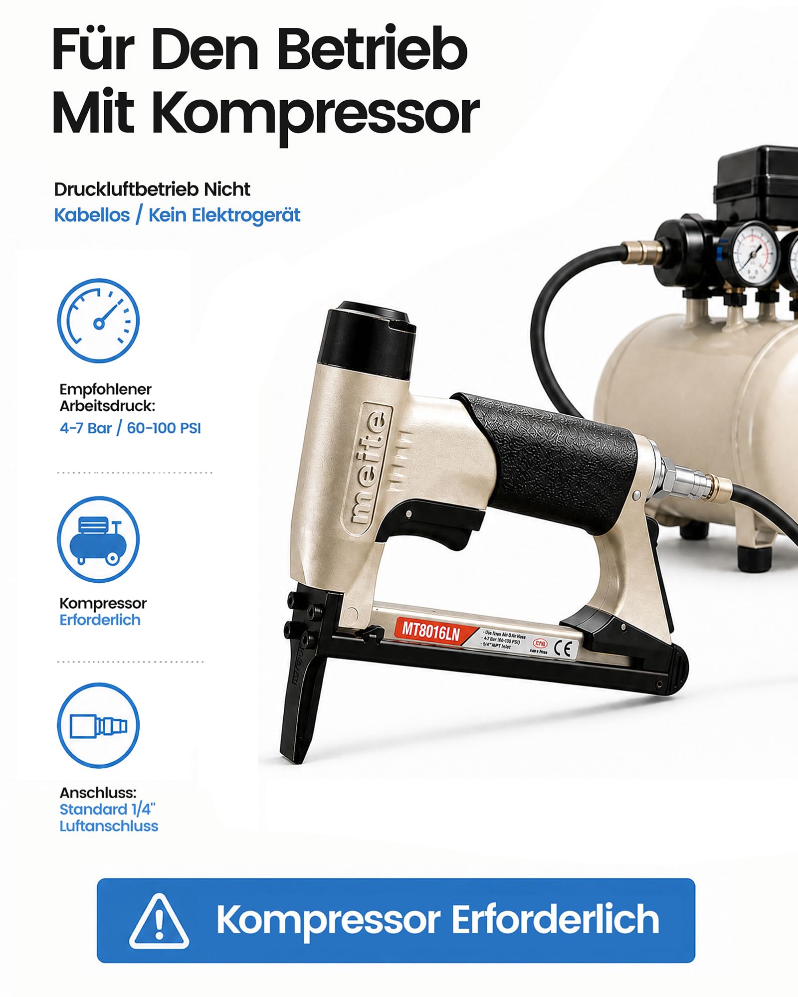 meite MT8016LN Drucklufttacker 80 mit Langnase, kompatibel mit Typ 80 Tackerklammern 6–16 mm, Leichte Drucklufttacker für präzise Polsterarbeiten, Möbel, Holz, Leder und Innenausbau