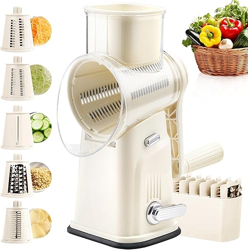 Miniatura 10 de Rallador rotativo de queso con asa, triturador de verduras con 5 cuchillas reemplazables y base de succión fuerte, rebanador redondo de alimentos y