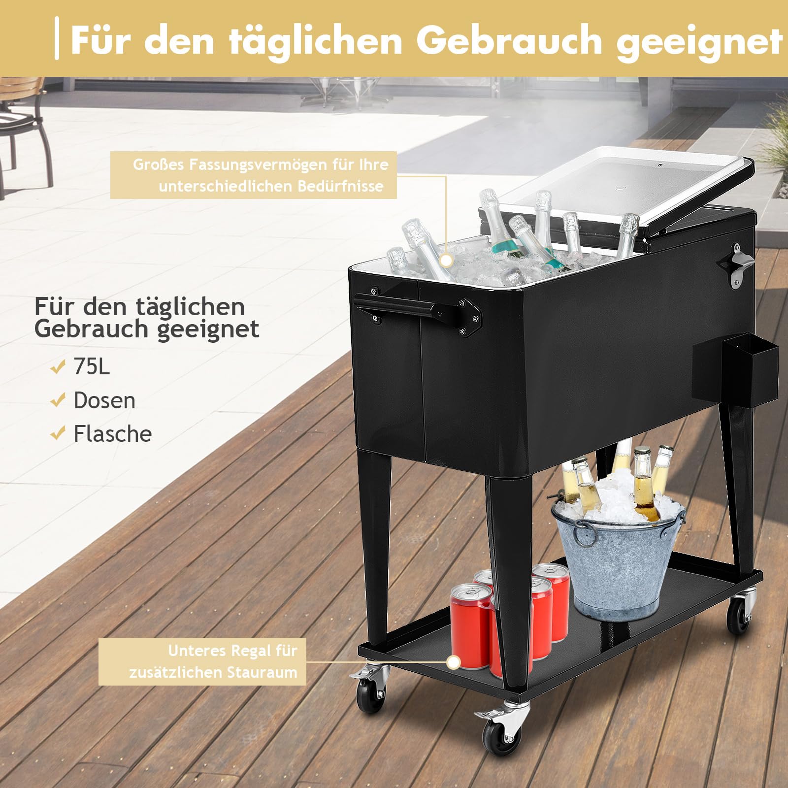 COSTWAY 76L Kühlwagen Beistellwagen, Servierwagen Kühlbox mit Rädern und Ablagefläche, Kühlbehälter Getränkewagen, Getränkekühler inkl. Flaschenöffner für Outdoor Terrassen Party (Schwarz)