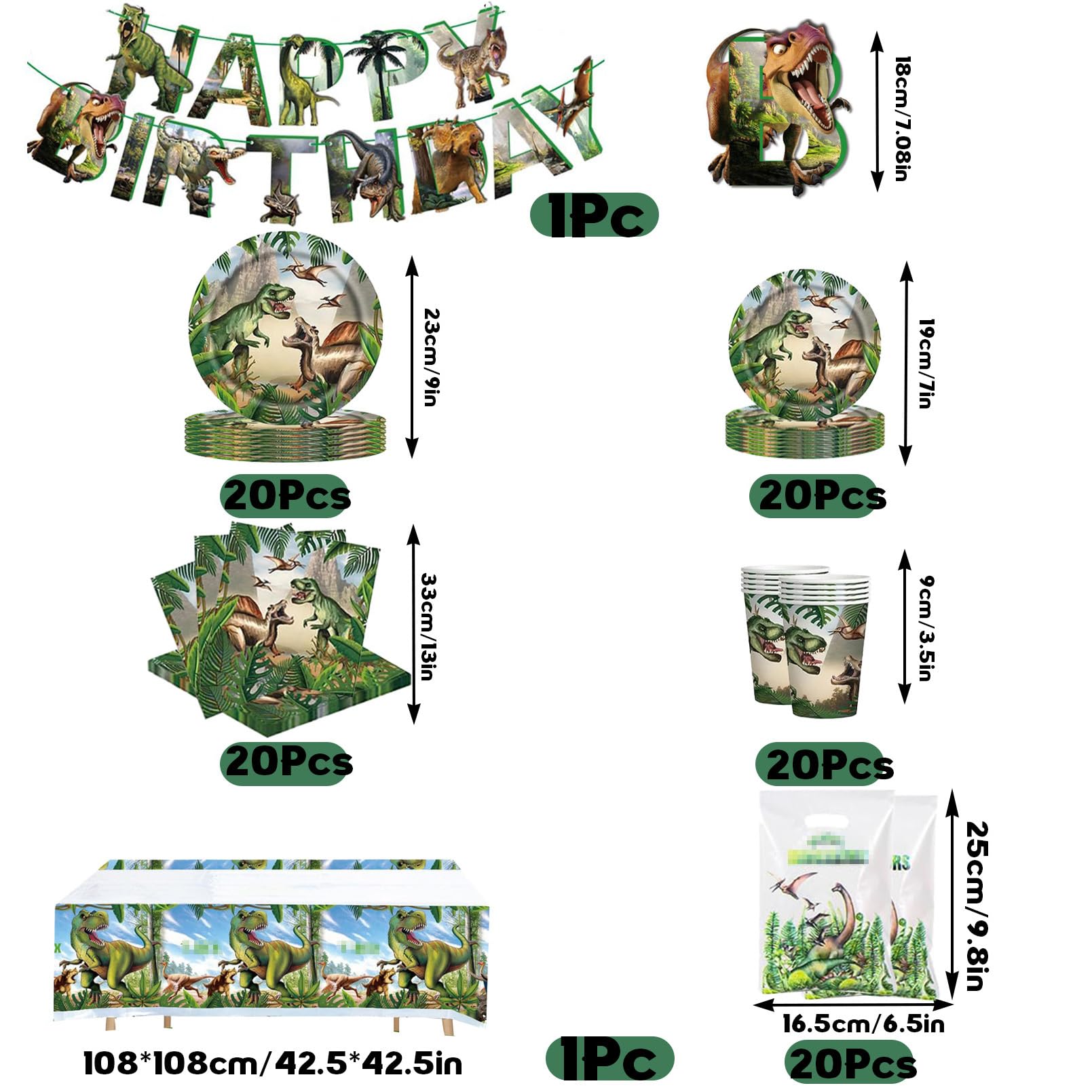 102 Pezzi Dinosauri Stoviglie per Feste di Compleanno，Dinosauri Addobbi Compleanno，Tovaglia，Piatti Carta，Sacchetto regalo，Striscione，Adatto a 20 persone