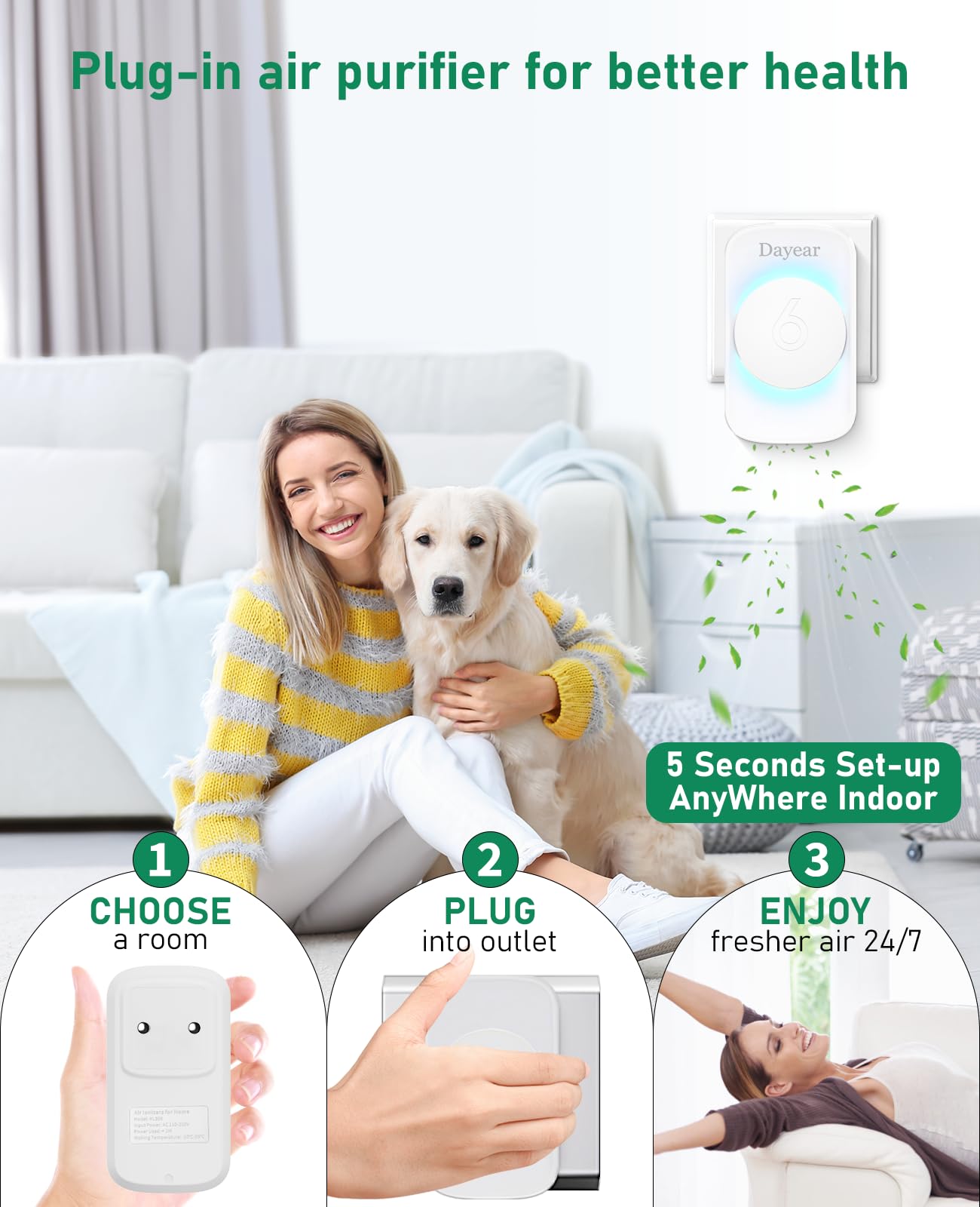 Oczyszczacz powietrza, jonizator, Dayear Plug in Negative, oczyszczacz powietrza do biura, pokoju, łazienki, dymu, zwierząt domowych, zapachów, oczyszczania zapachów, 3 tryby światła LED/1 szt