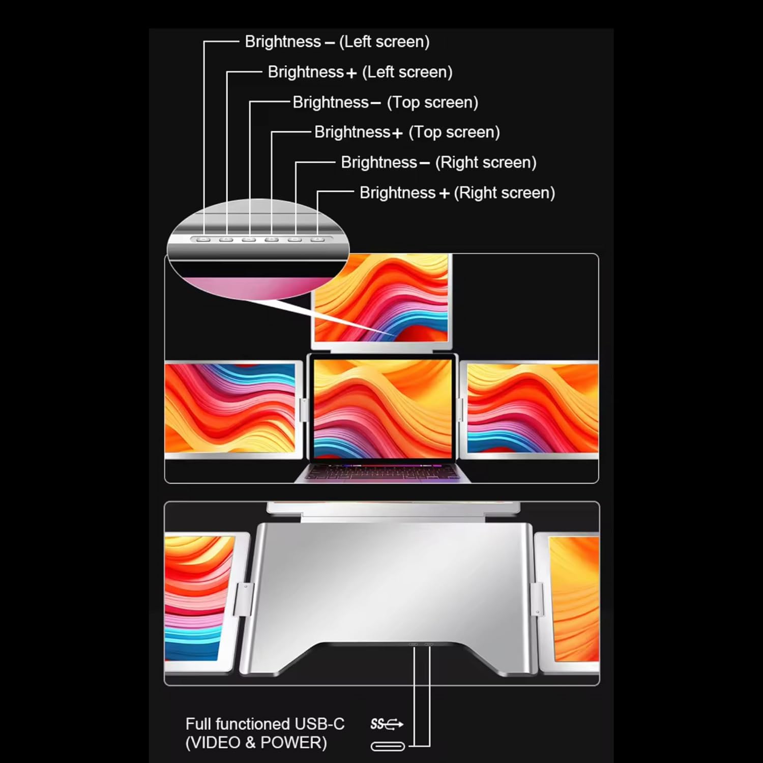 TUTT 16” Triple Screen Portable Monitor for Laptop 12”-18.5” | Single Cable Setup | 16:10 IPS | Quad Screen Extender | Stand-Alone for Mac & Windows S788