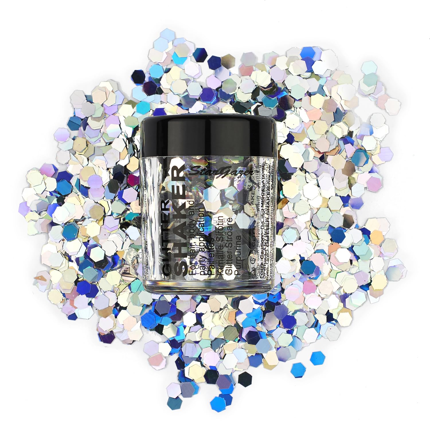 Stargazer Chunky Glitter Shaker, Holo. Cosmetic glitter for use on the eyes, lips, face, body, hair and nails.