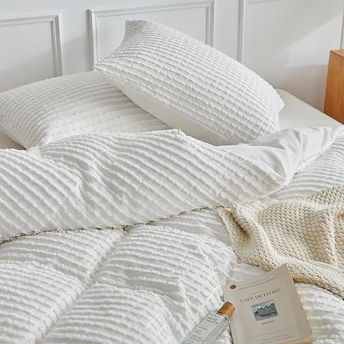 Miniatura 5 de WARMDERN Juego de funda de edredón bohemio tamaño King, juego de ropa de cama de microfibra a rayas blancas, 3 piezas, ultra suave, transpirable,