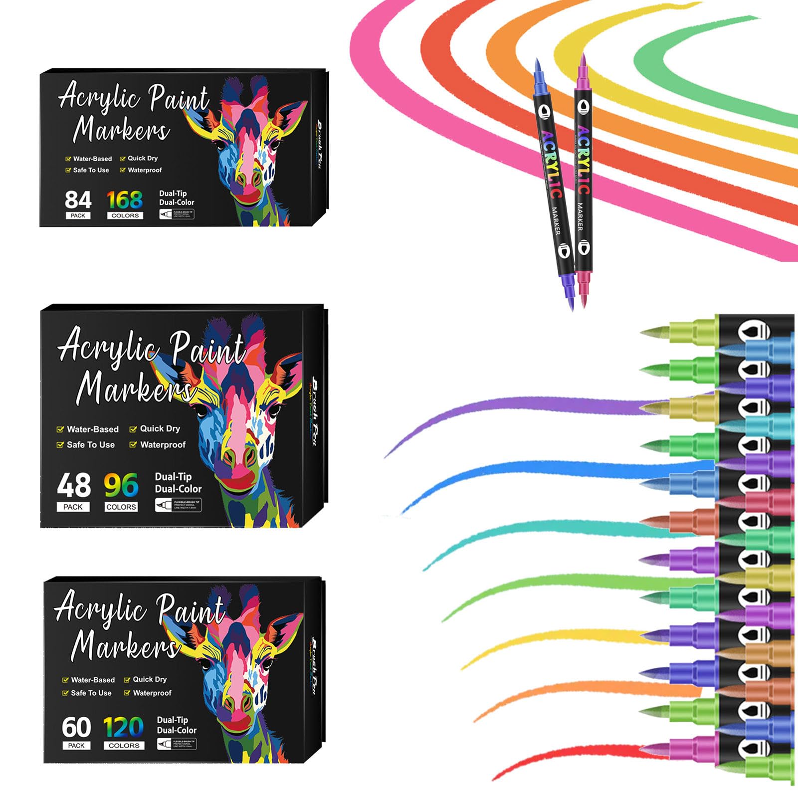 Ensemble de marqueurs de peinture acrylique à double pointe, 96/120/168 couleurs, stylos à base d’eau à séchage rapide pour peinture sur roche, céramique, bois, toile et plastique pour loisirs