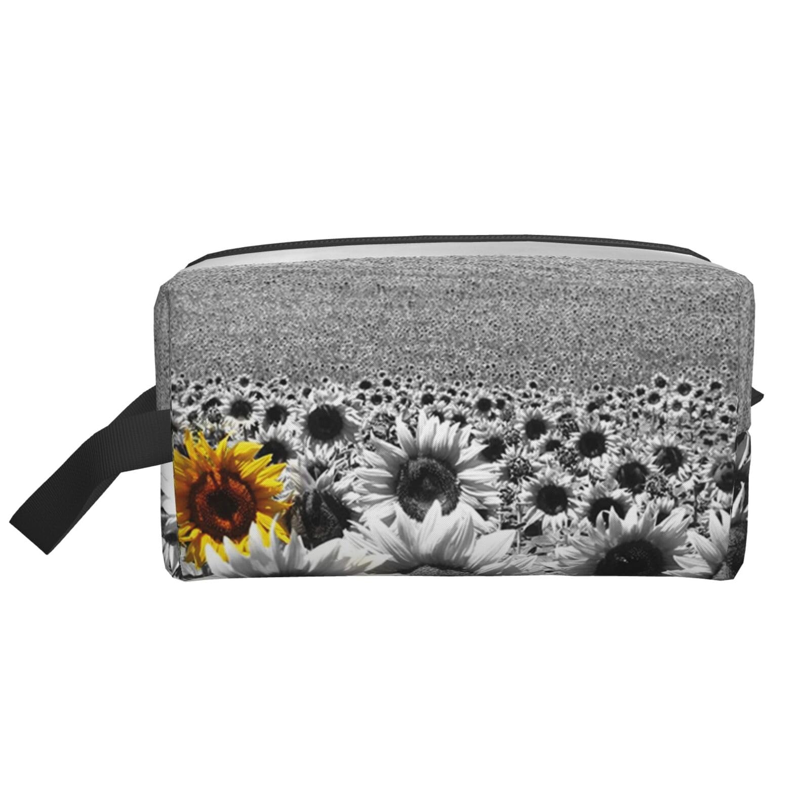 Ercgad Unisex White Black And Sunflowers Print Large Capacity Travel Toiletry Bag Cosmetic Pouch Daily Storage Makeup Case