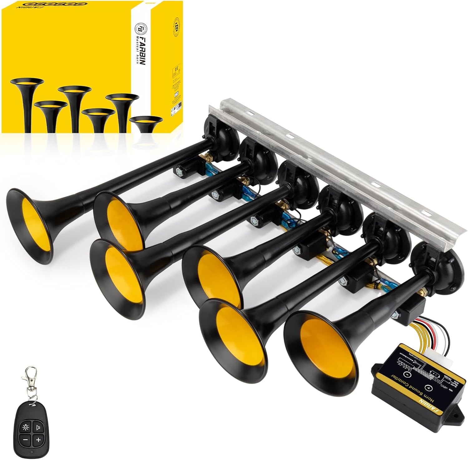 FARBIN Musical Air Horn 36 Melodies 12/24 Volt, Music Horn 178dB, Switchable 36 Songs with Controller for Bus, Truck, Train and Heavy Duty Vehicles