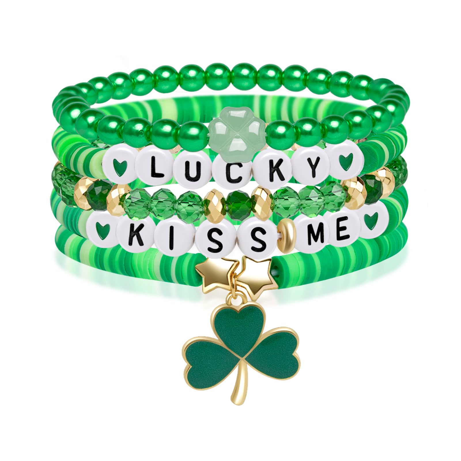 Artlunar St Patricks Day Bracelet for Women Men Stackable Lucky Leaf Shamrock Charm Bracelet Green Beaded Holidy Bracelet