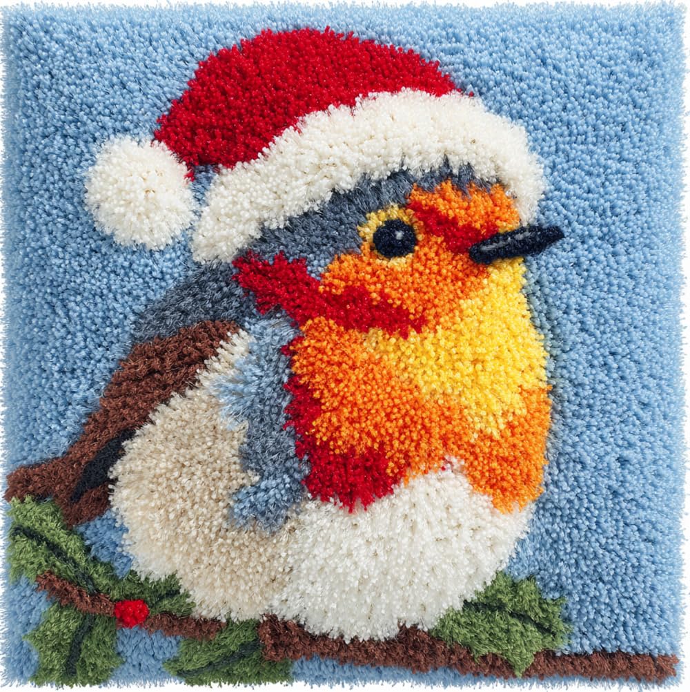 Taxpy Latch Hook Kit, Robin Wearing A Christmas Hat Animal Latch Hook Pillow Kits for Adults Crochet Yarn Cushion Pre-Printed Needlework Handcraft 17X17 Inch