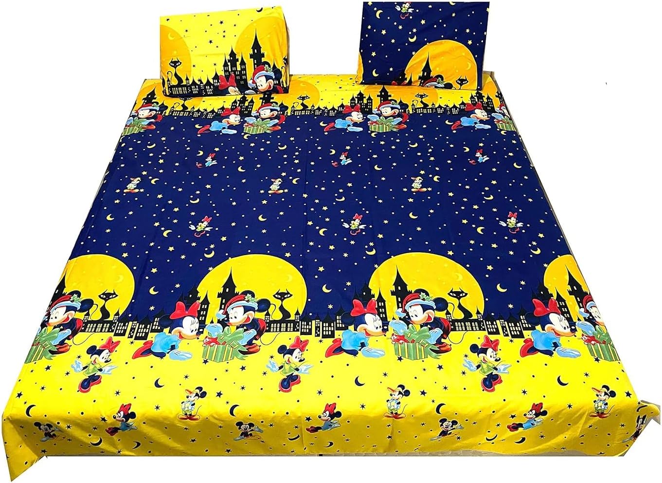 HIGHLAND Mickey Mouse Kids bedsheet and Pillow Case Set – Mickey Printed Kids Double Bed Sheet/Pillow Case, Cotton - 275 CM* 275 CM Mickey Cartoon Bed Sheet, Yellow, King size – Kids Bedding