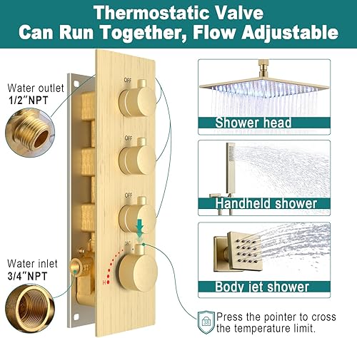 Miniatura 3 de HOMEDEC Sistema de ducha de lujo dorado cepillado de 16 pulgadas con chorros de cuerpo, juego de grifo de ducha con 6 chorros de pulverización de