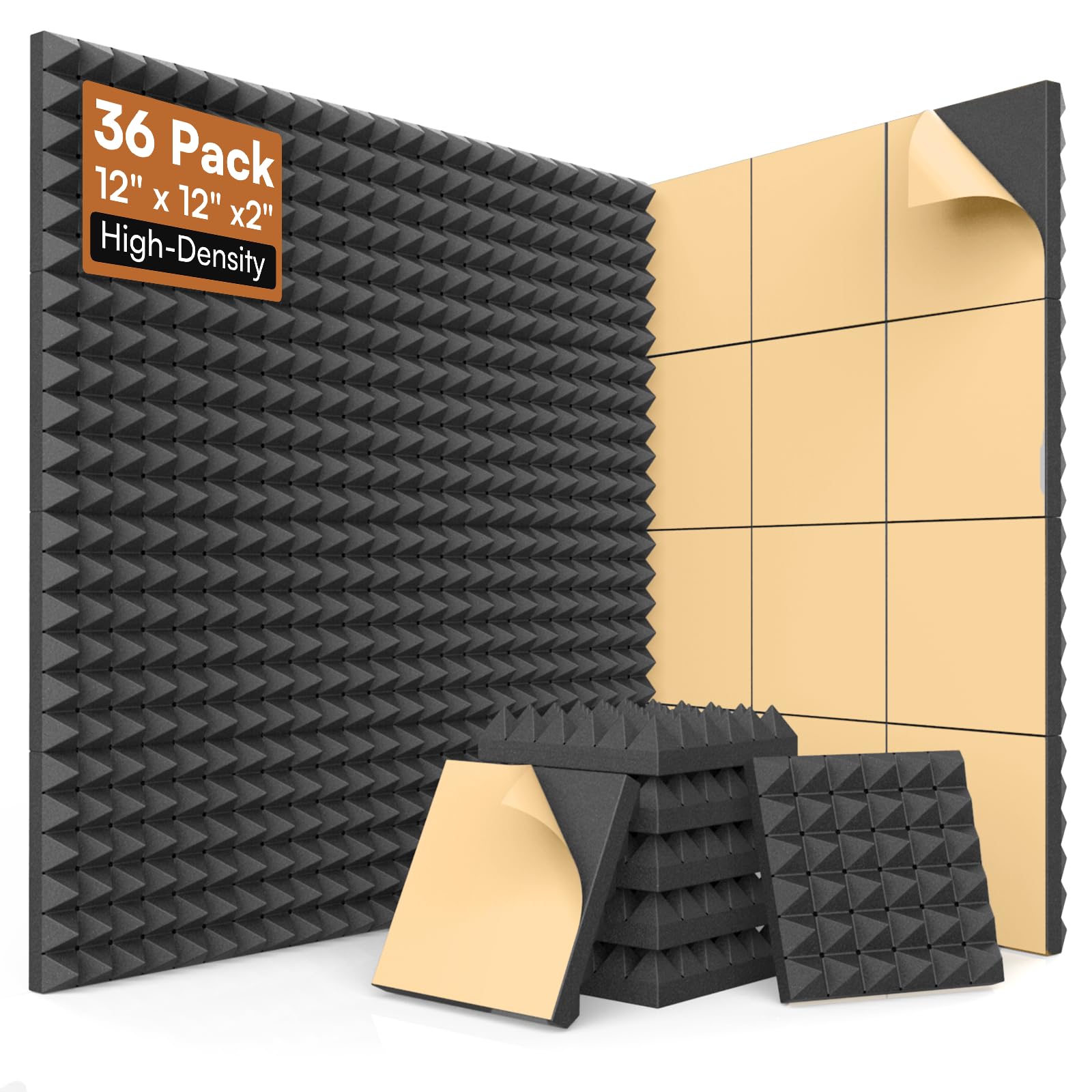 SD SODOCT 36 Pack 12 x 12 x 2 Inches Pyramid Acoustic Foam Panels, High Density Acoustic Foam, Self-Adhesive Sound Proof Foam Panels for Walls, Fire Resistant, Studio Wall &amp; Ceiling Panels, Black