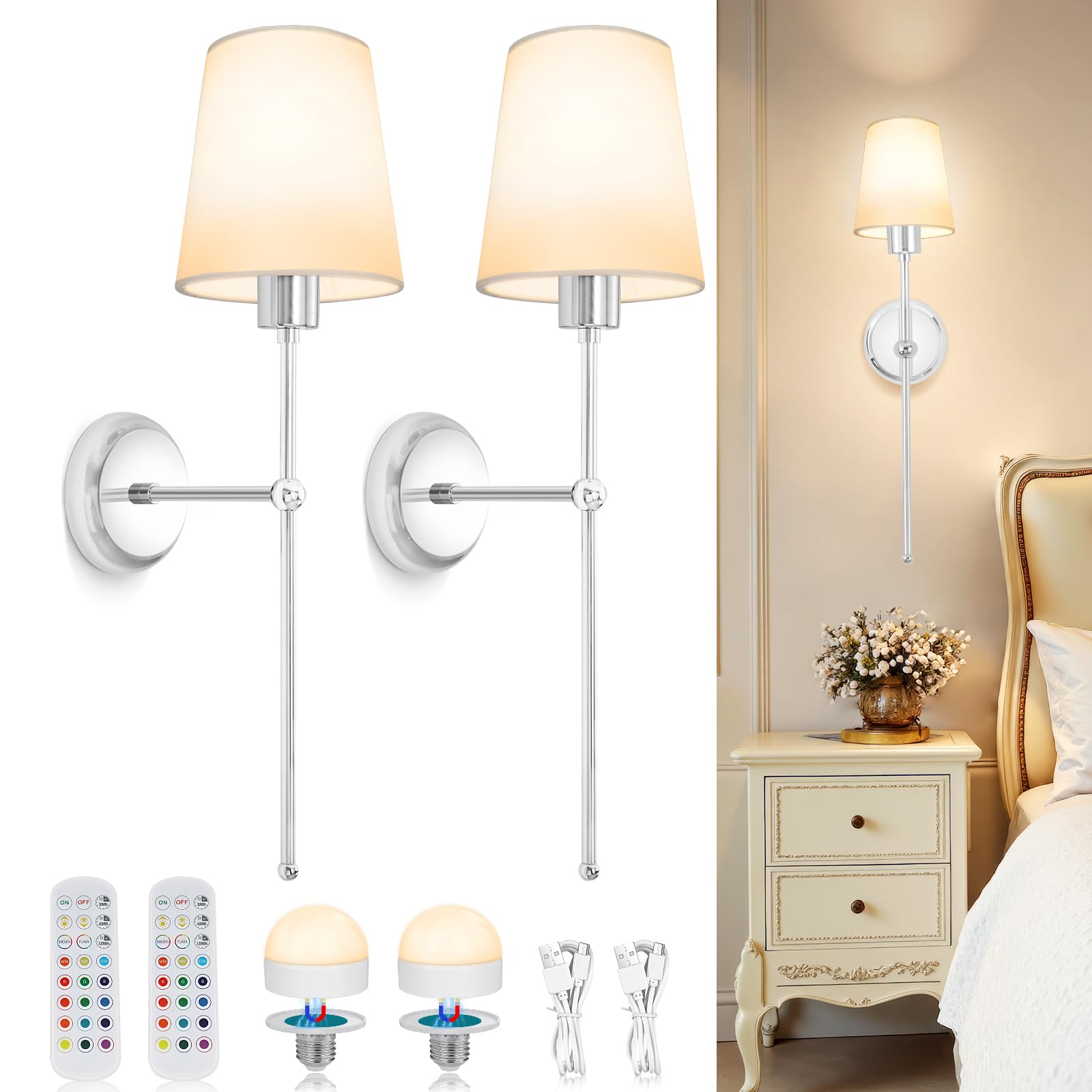Wandleuchte Innen USB Aufladbare, Wandlampe Akku Dimmbar Drahtlose Wandbeleuchtung mit 3000K-6000K, 12 RGB und Fernbedienung für Schlafzimmer Wohnzimmer Flur Nachttischlampe - Chrom