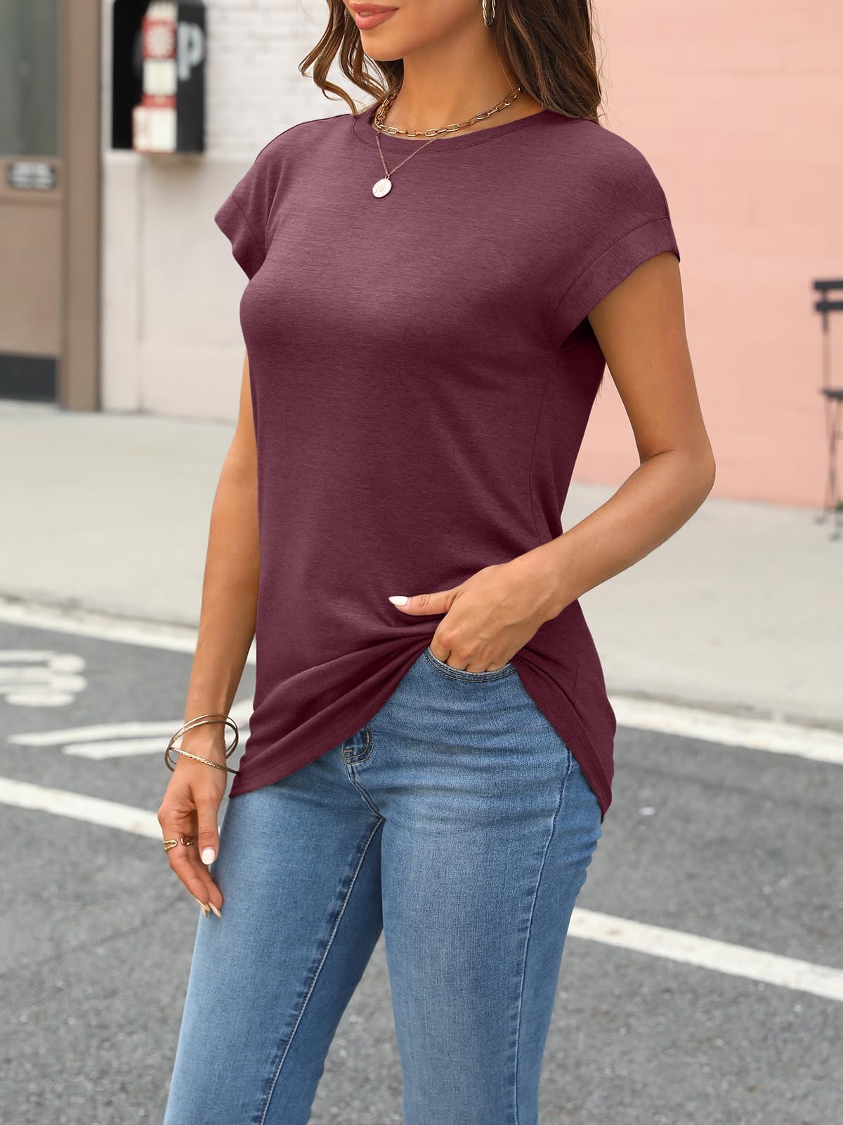 Cuptacc Camiseta de Mujer, Top de Verano Elegante con Cuello Redondo, Blusa Básica de Manga Corta, Outfit de Negocios