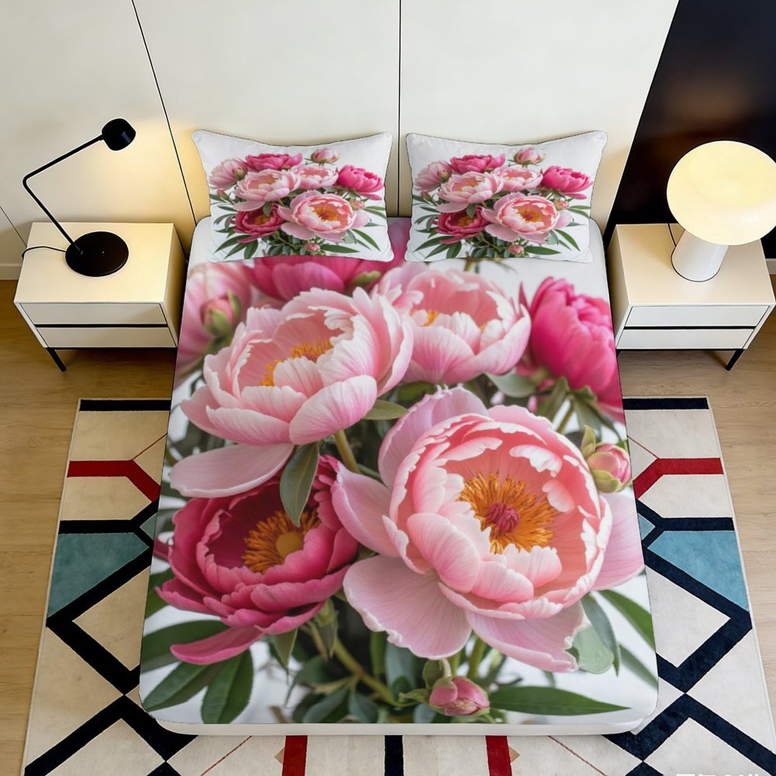 3D Printed Peony Blossom Fitted Sheet Microfiber Pink Floral Bed Cover for Bedroom Guest Room Decor Easy Care 90x200x25cm