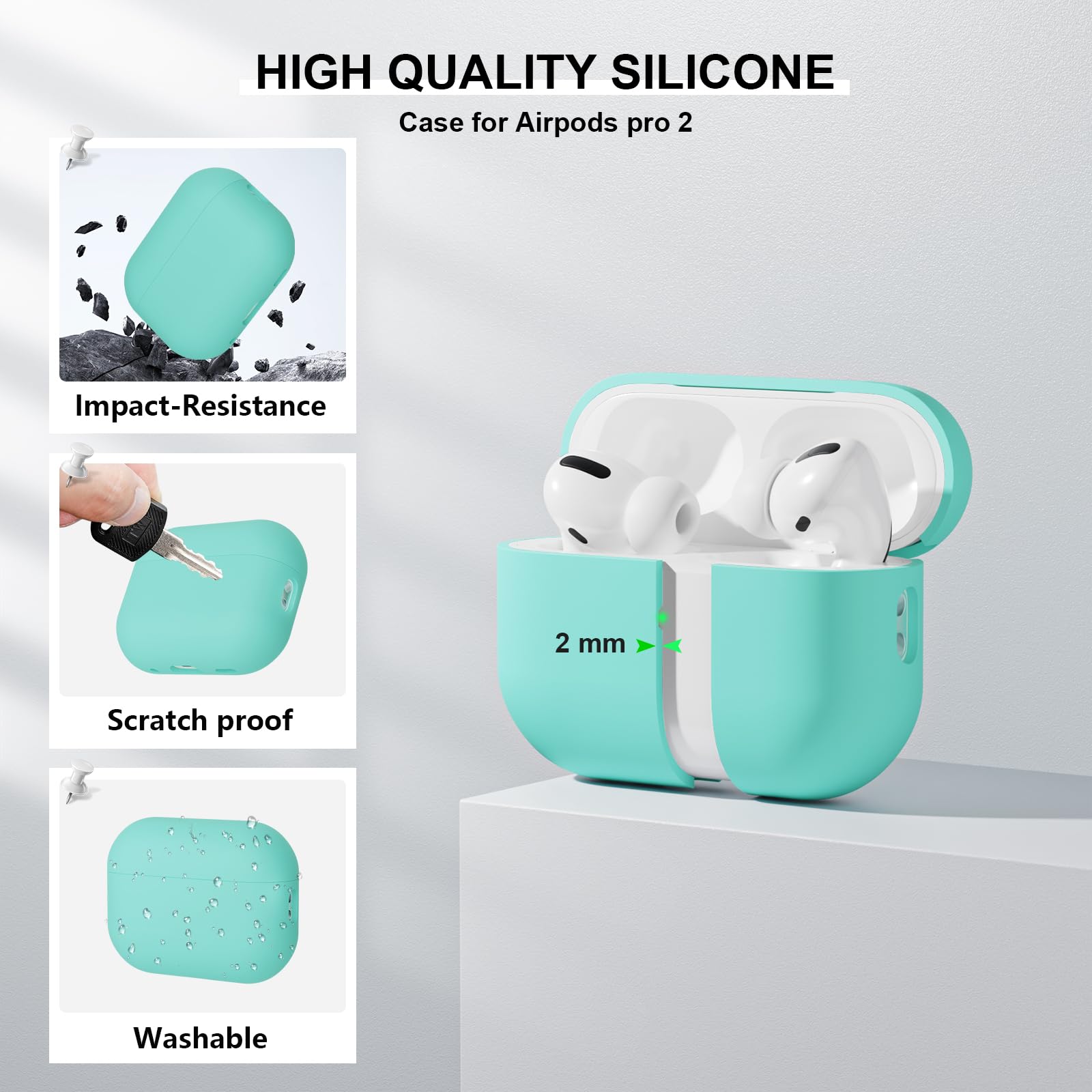 Funda Silicona Compatible con AirPods Pro 2.ª Generación, Ultradelgada Fundas Protectora de Silicona para AirPods Pro 2.ª Generación 2022,Menta Verde/Lavanda(2PCS) - 5