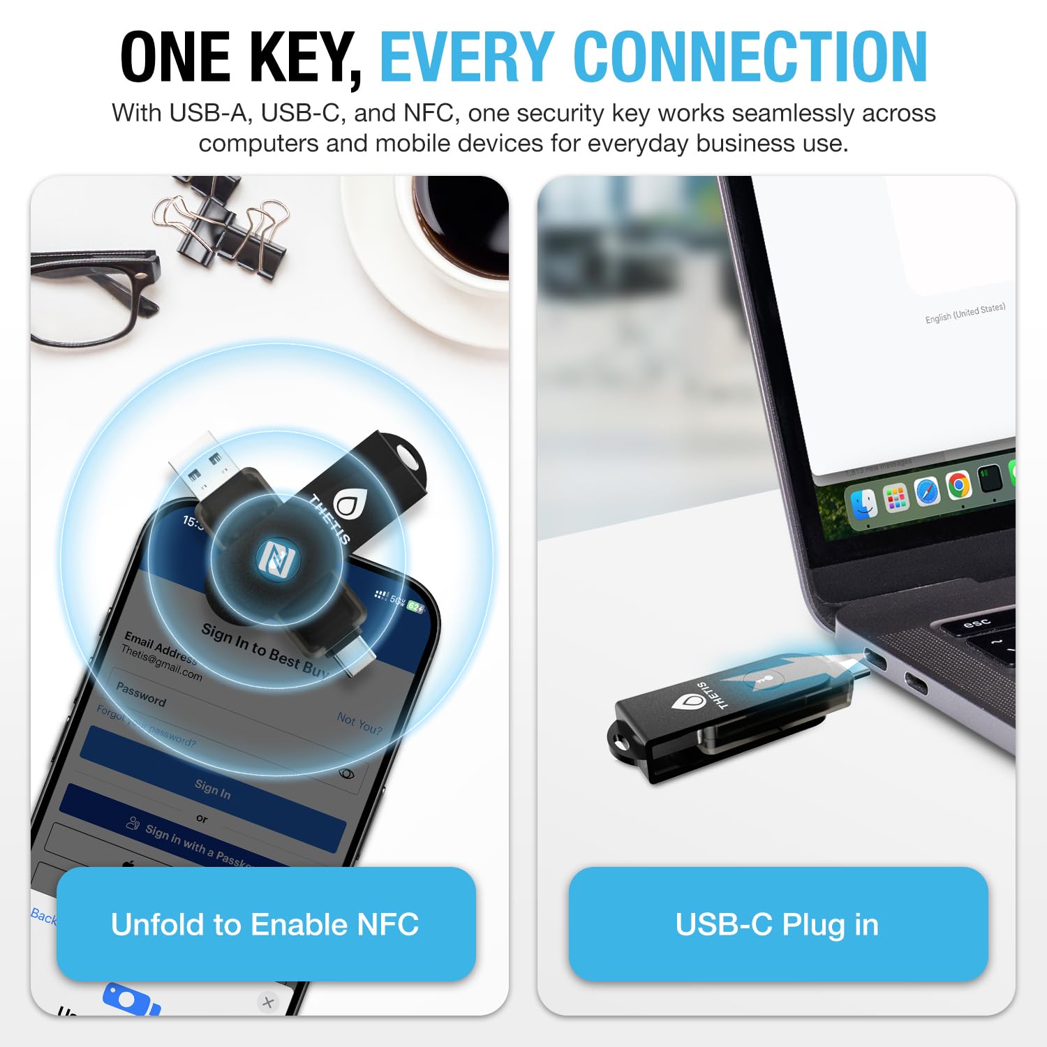 Thetis Pro For Business - Llave de Seguridad FIDO2 L2 MFA y NFC Passkey Access para ERP Escolar, Cuenta en línea de empleados, Compatible con Coinbase Google Workspace Apple ID Window Salesforce