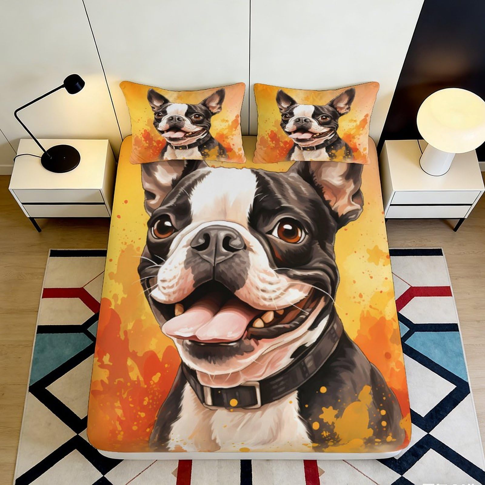 Uxinyoume Style-10 3D Printed Boston Terrier Fitted Sheet Microfiber Soft Orange Artistic Dog Bed Sheet For Bedroom Guest Room Decor 90X200x25cm