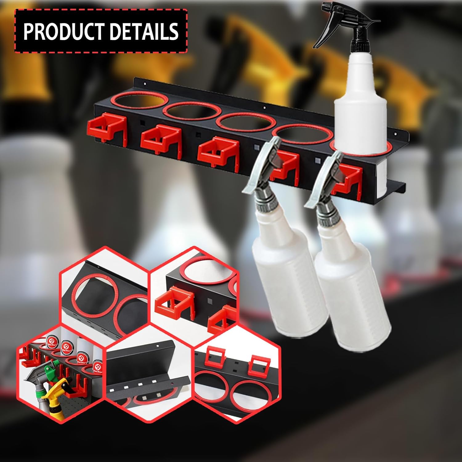 Spray Bottle Rack Organizer, 2 Pack Wall-mounted Spray Bottle Holder, Car Beauty Shop Garage Bottle Organizer for Garage & Workspace, Steel Storage Rack with 5 Hooks & 5 PCS Detailing Cleaning Brushes