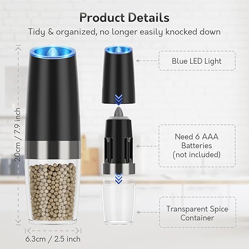 Miniatura 2 de Gravity - Juego de molinillo eléctrico de sal y pimienta, funciona con pilas, con soporte de metal, molinillo de pimienta automático con luz LED,