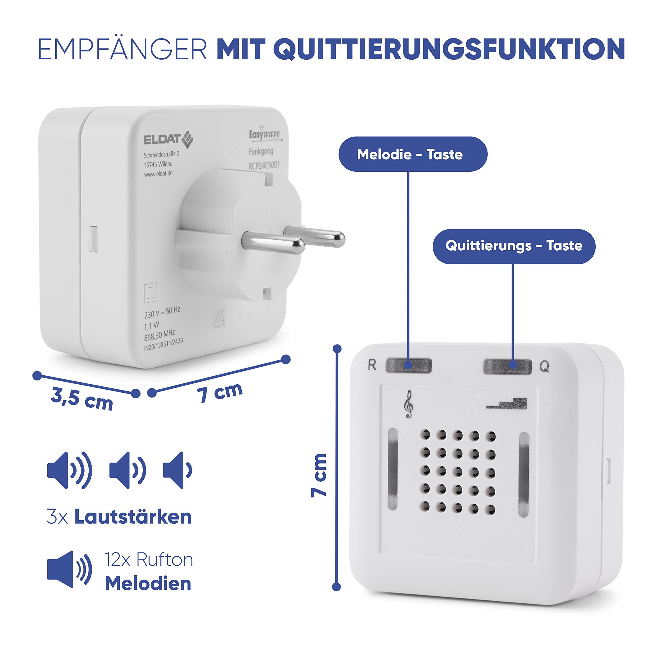 ELDAT - Mobiler Hausnotruf mit Notrufsendern und Quittierungsfunktion - Notrufknopf für Senioren - RS16 mit Sensorwandtaster RTS25