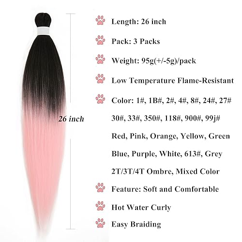 Miniatura 2 de Ai Yuchen Paquete de 3 extensiones de cabello trenzado con degradado rosa preestirado de 26 pulgadas, fácil de trenzar, extensiones de cabello
