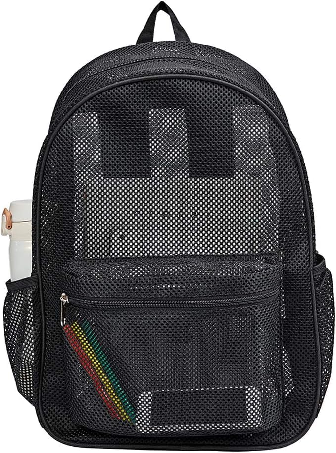 Mochila de malha semitransparente resistente – Mochila universitária transparente com alças acolchoadas, Preto, Medium, Mochila de malha resistente