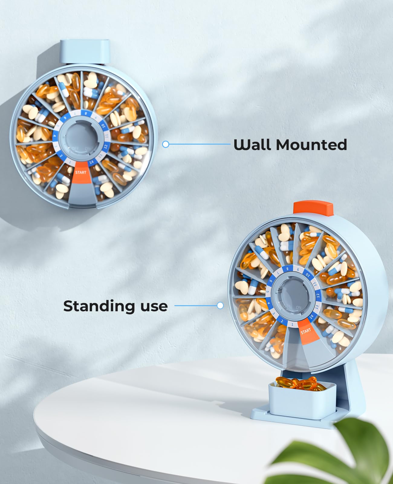 Daviky Pill Box Daily, Large Pill Organiser with Wall-Mounted or Standing Use, 14 Days Tablet Container, Push Button Design, Weekly Pill Dispenser for Vitamin, Medicine, Supplement, Fish Oil