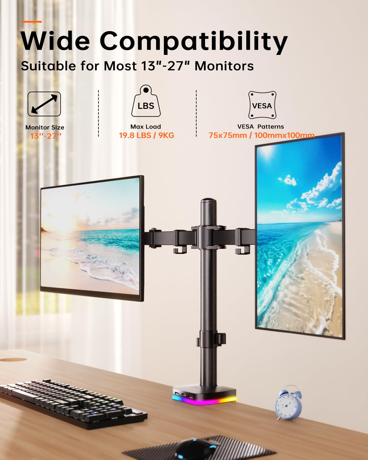 Afaloona Soporte de escritorio RGB para monitor doble, soporte para monitor con 3 puertos USB, función de carga y transferencia de datos USB, brazos ajustables para monitores de 13 a 27 pulgadas de
