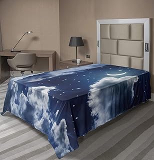 Lunarable Night Sky Flat Sheet, Cartoon Kids Children Fairytale Themed Clouds Alluring Moon Lunar Image, Soft Comfortable Top Sheet Decorative Bedding 1 Piece, Twin Size, Dark Blue and White