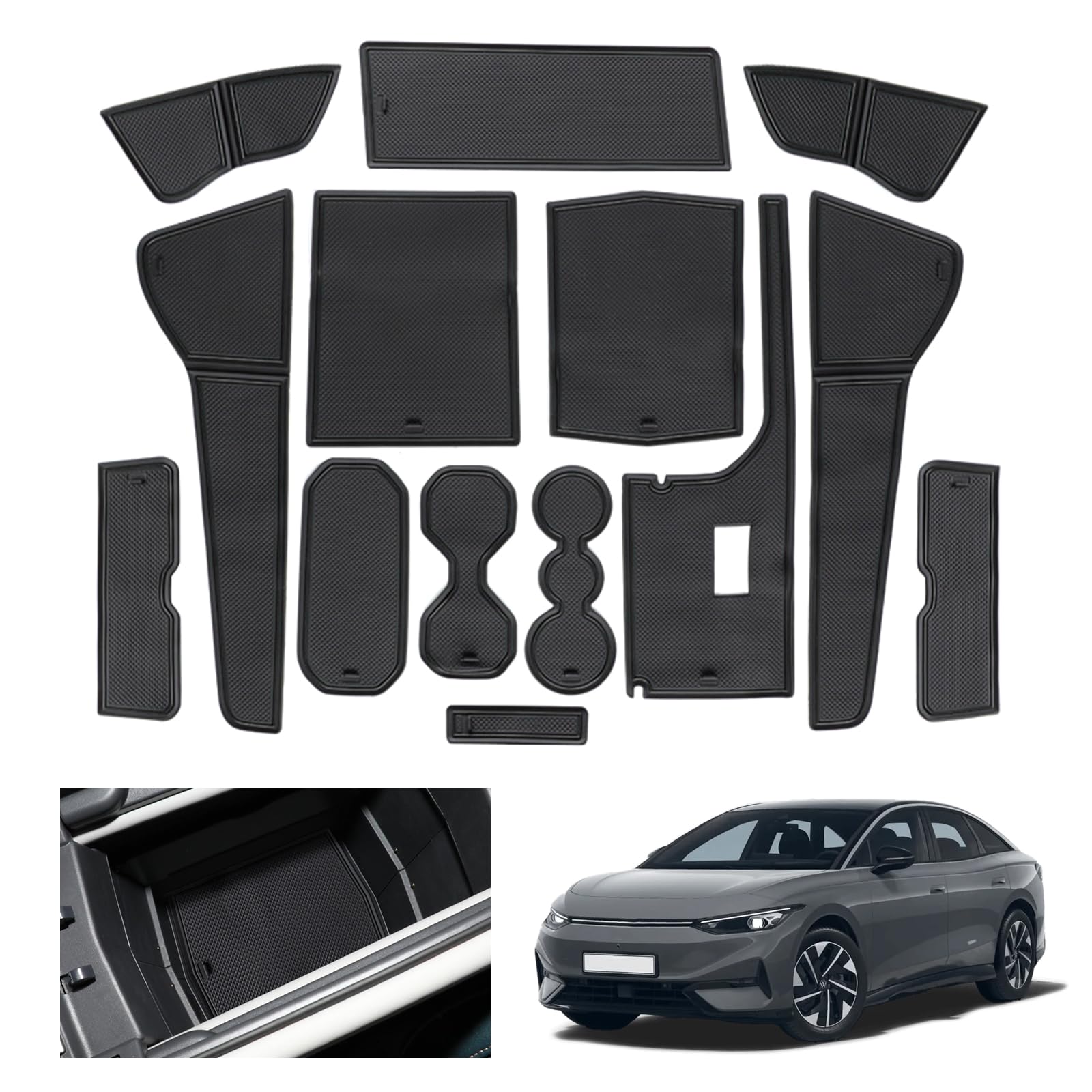 GAFAT Compatibile con VW ID.7 2024 2025 tappetini antiscivolo, tappetini in gomma per ID7 2024 GTX Tourer antiscivolo, non slip, tappetini per console centrale, cuciture porte, accessori ID.7 (nero