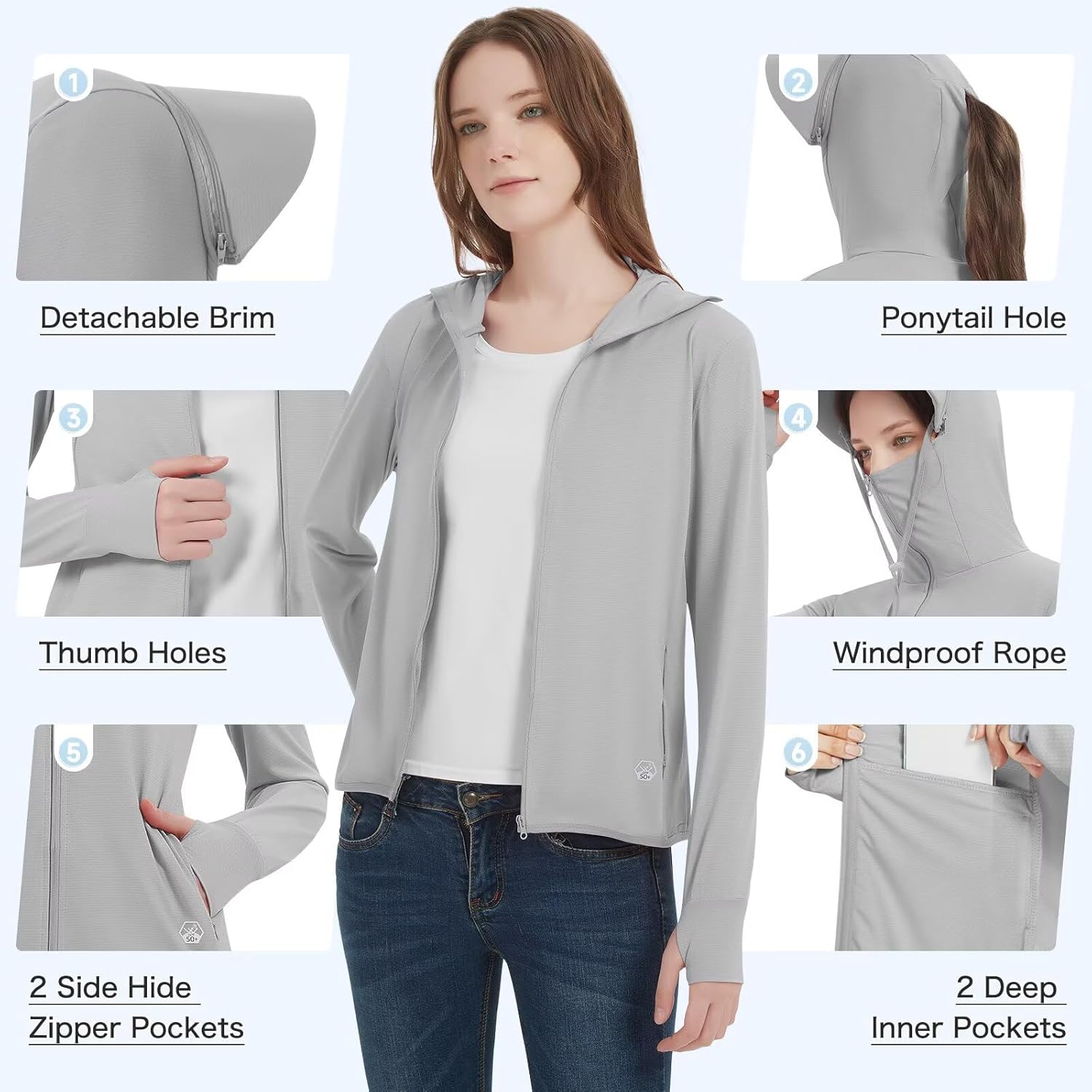 Women's UPF 50+ Sun Protection Jacket Lightweight Cooling Long Sleeve Sun Shirt with Hoodie Brim for Outdoor Hiking - Image 4