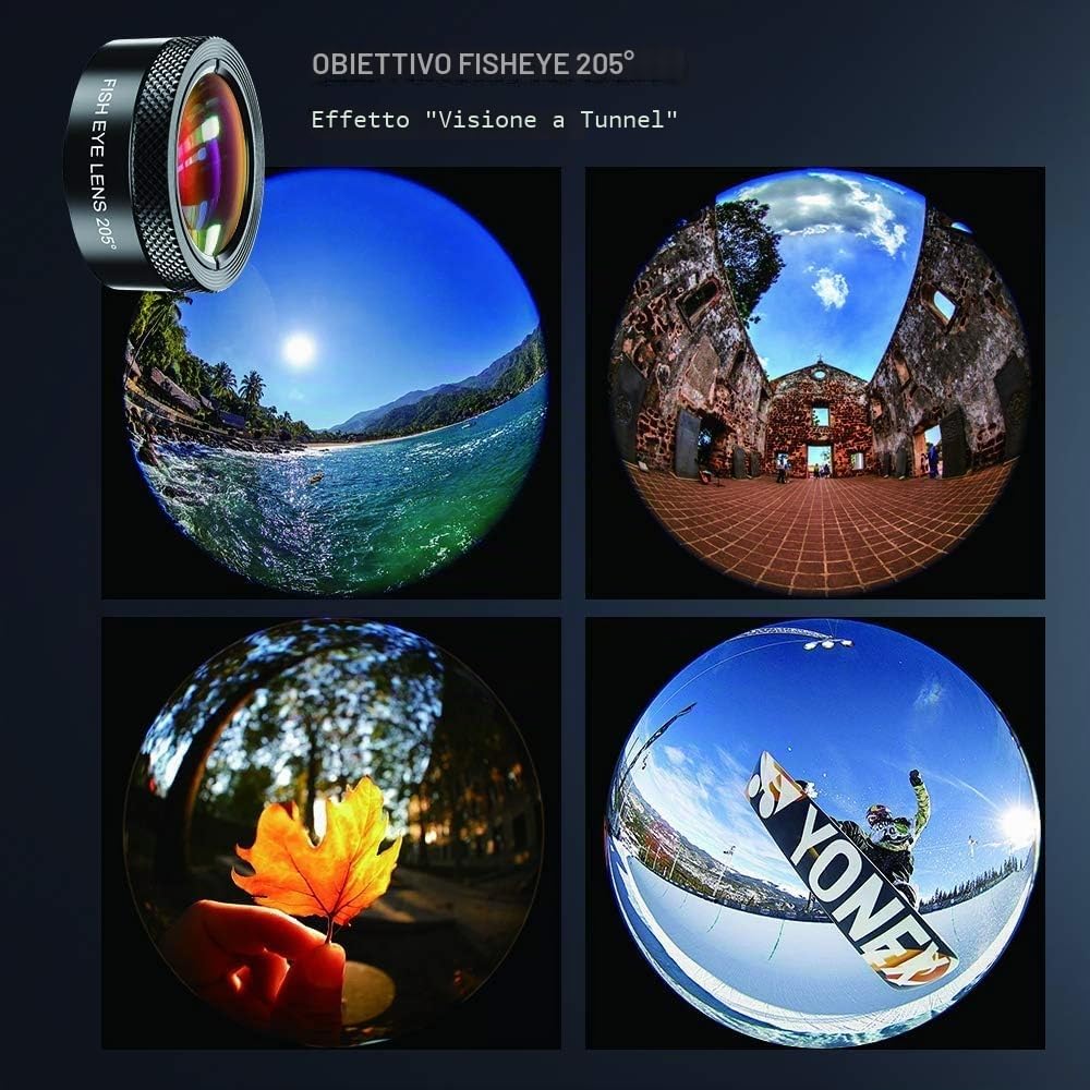 Apexel Kit di obiettivi per telefono, kit di obiettivi 4 in 1 per fotocamera, teleobiettivo 22x, obiettivo fisheye 205°, obiettivo grandangolare 120°, obiettivo macro 20x, treppiede e scatto remoto