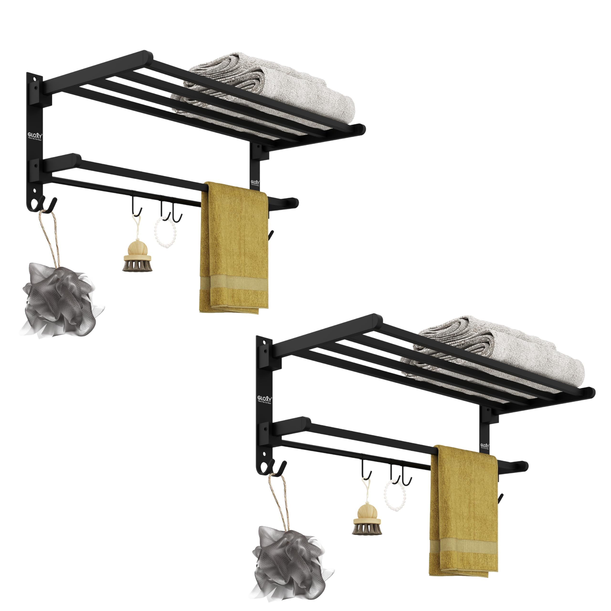 Gloxy Premium Towel Rack with Rod & Hooks Combo Pack of 2 - Black Matte Finish Stainless Steel Folding Wall Mounted Towel Rod for Bathroom - Space Saver Towel Holder in Bathroom Fittings Accessories