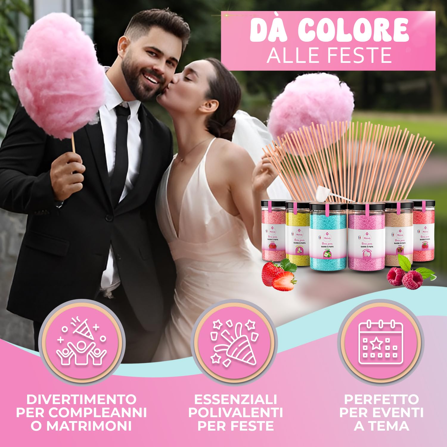 Misskandy, zucchero filato per macchina/lotto da 1,8 kg (6 * 300g) / aromi: fragola, pina colada, marshmallow, mela, cola, lampone + 50 bastoncini di (30 cm)