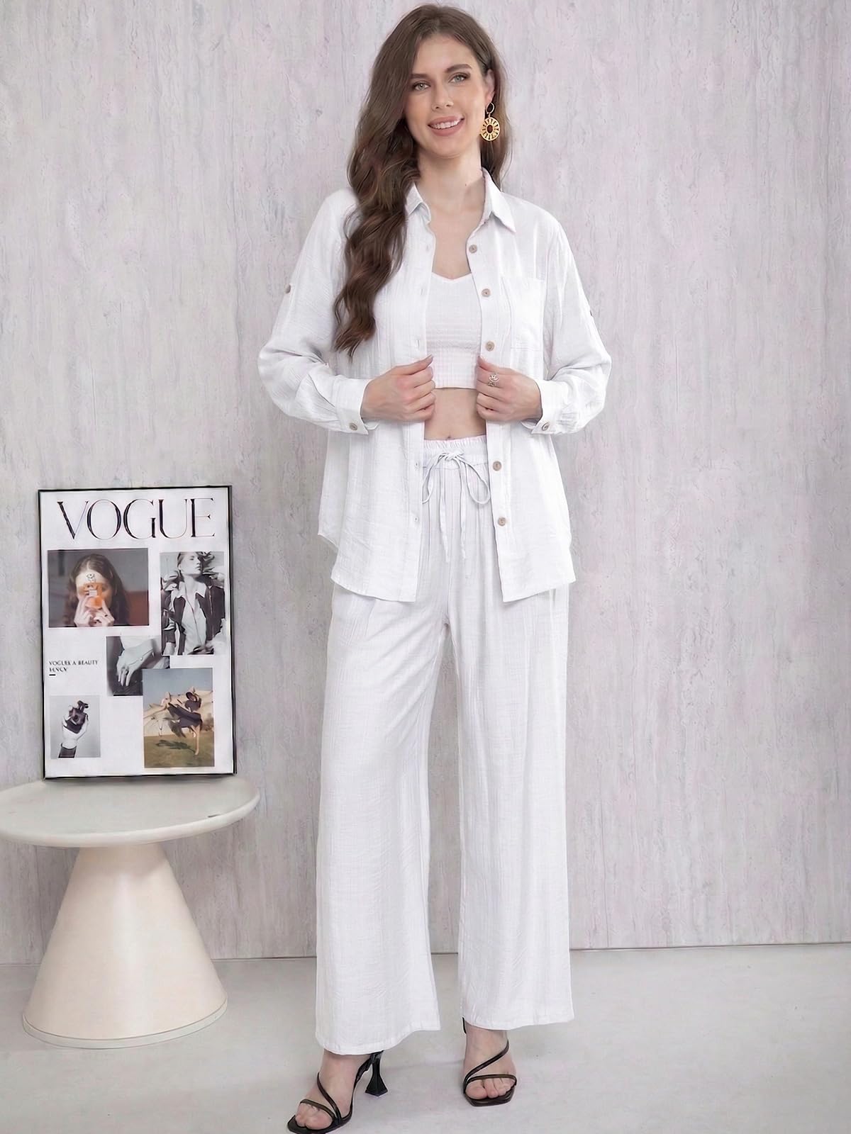 Adigaber Chándal de Manga Larga para Mujer Camisa con Botones y Holgado Cintura Alta Pierna Ancha Cordón Pantalones con Bolsillos — view 2