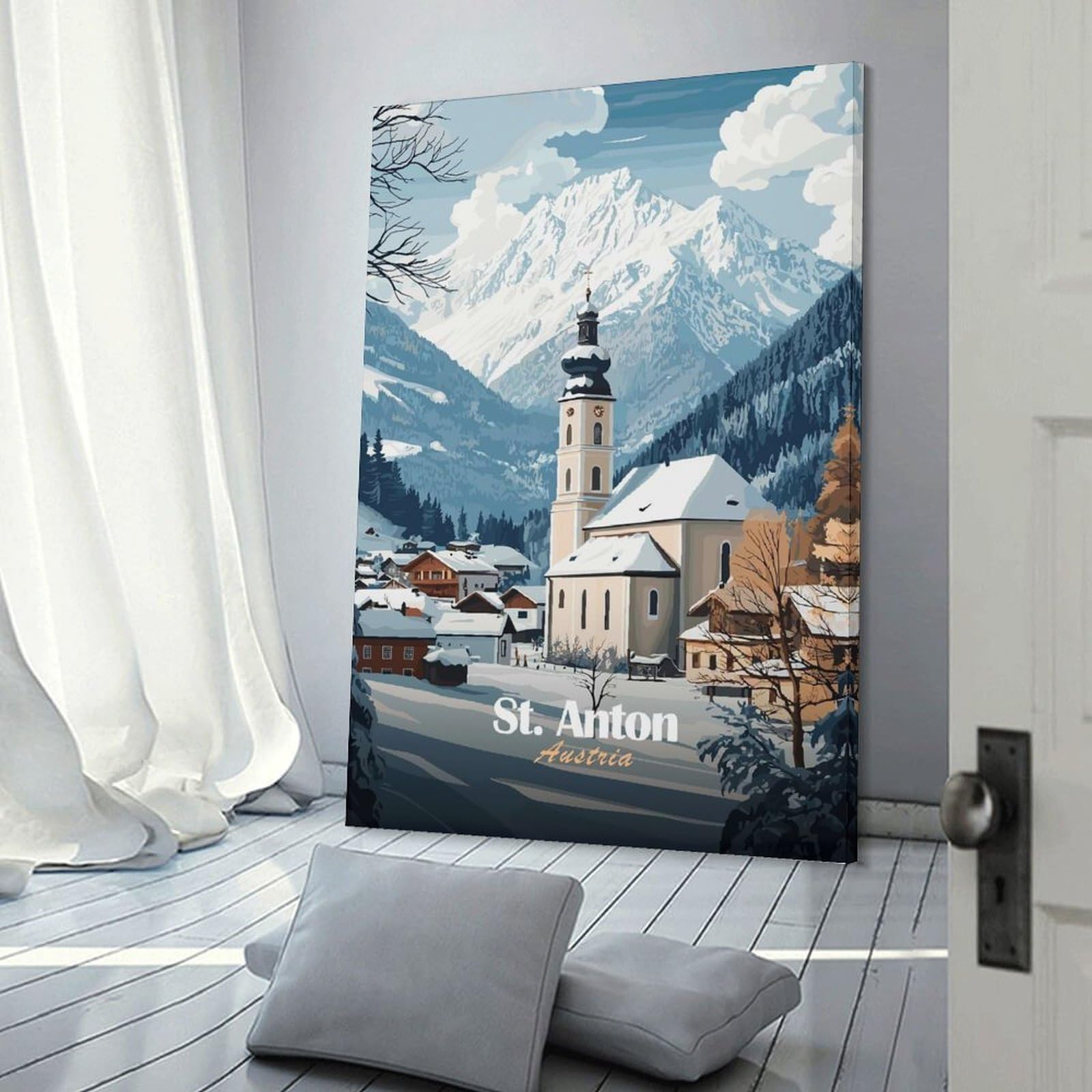Junmoney Room Decor Wall Art St. Anton Austria Winter Village, 20x30inch(50x75cm), for Entrance Spaces, Stair Walls Or Halls, Home Artwork for First Impressions