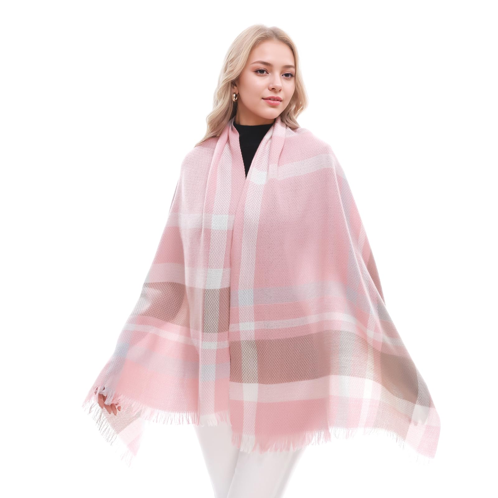 Bufanda a cuadros para mujer, bufandas de invierno cálidas de gran tamaño, bufandas de tartán, Rosa/Caqui/Azul 5