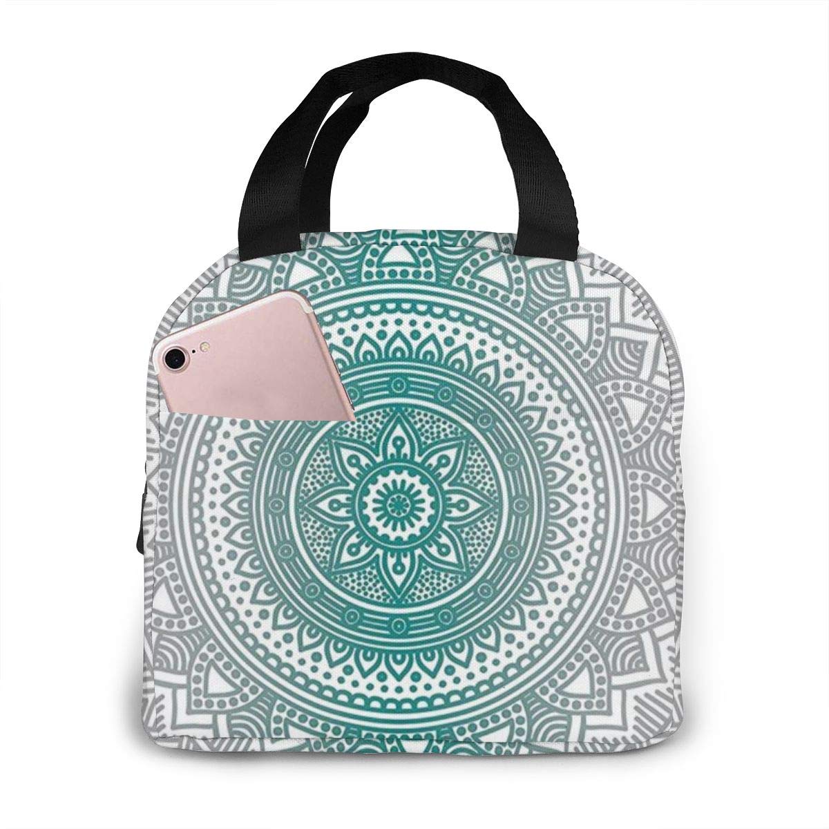 antspuent Grey and Teal Mandala Lunch Bag Insulated Lunch Box Tote for Women Men Adult Kids Teens Boys Teenage Girls