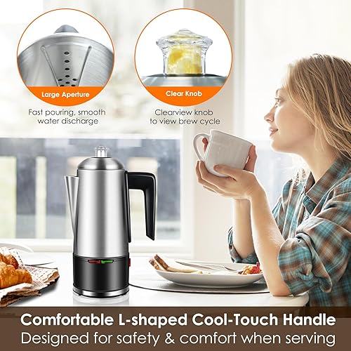 Miniatura 7 de HOMOKUS Percolador de café eléctrico de 12 tazas, cafetera percoladora de 800 W, acero inoxidable con perilla transparente, mango de tacto frío,