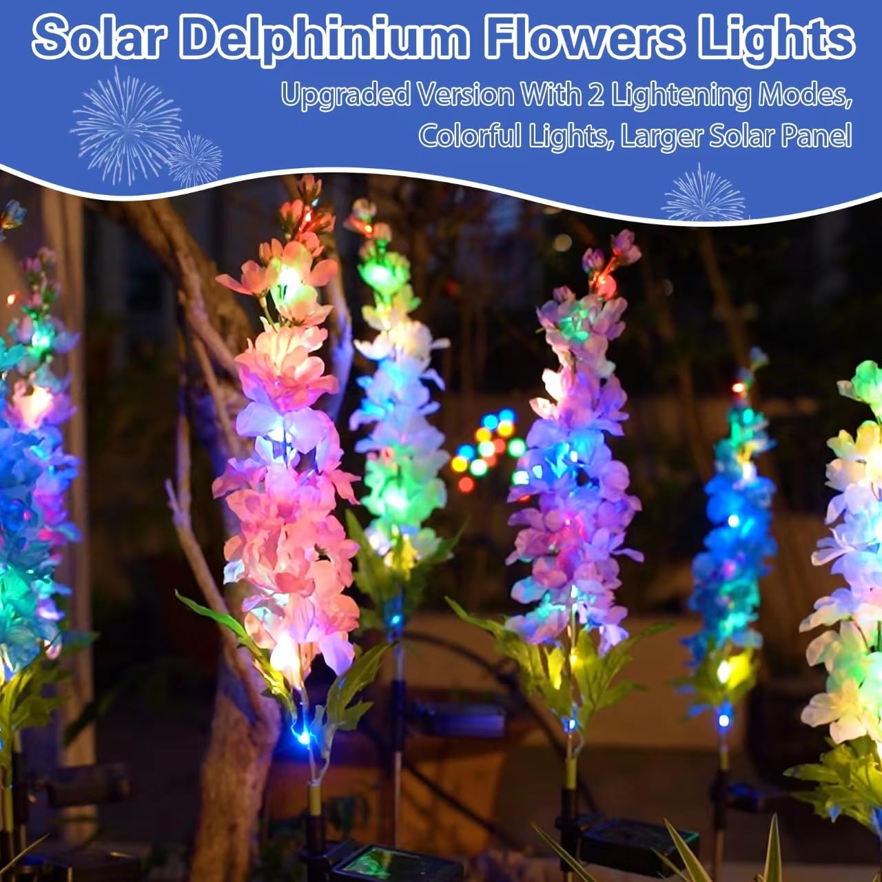 Luci solari da giardino – Nuova versione di luci solari per esterni, luci solari Delphinium per cortile, decorazioni da giardino, fiori di Delphinium grandi e realistici (confezione da 4)