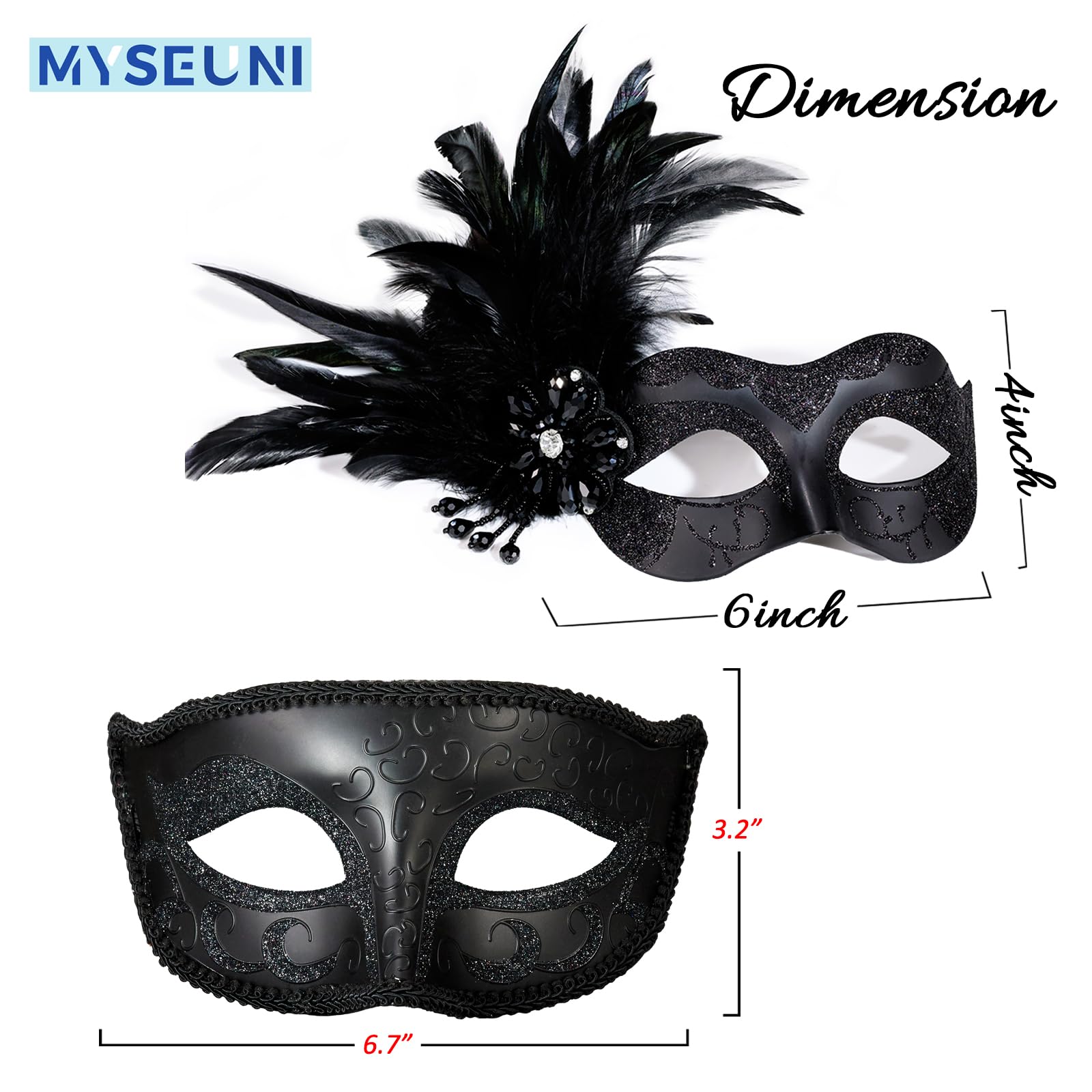 MYSEUNI 2025 New Black Masquerade Mask for Couples Set, Women's Masquerade Mask with Feather & Men's Costume Masks - Image 2