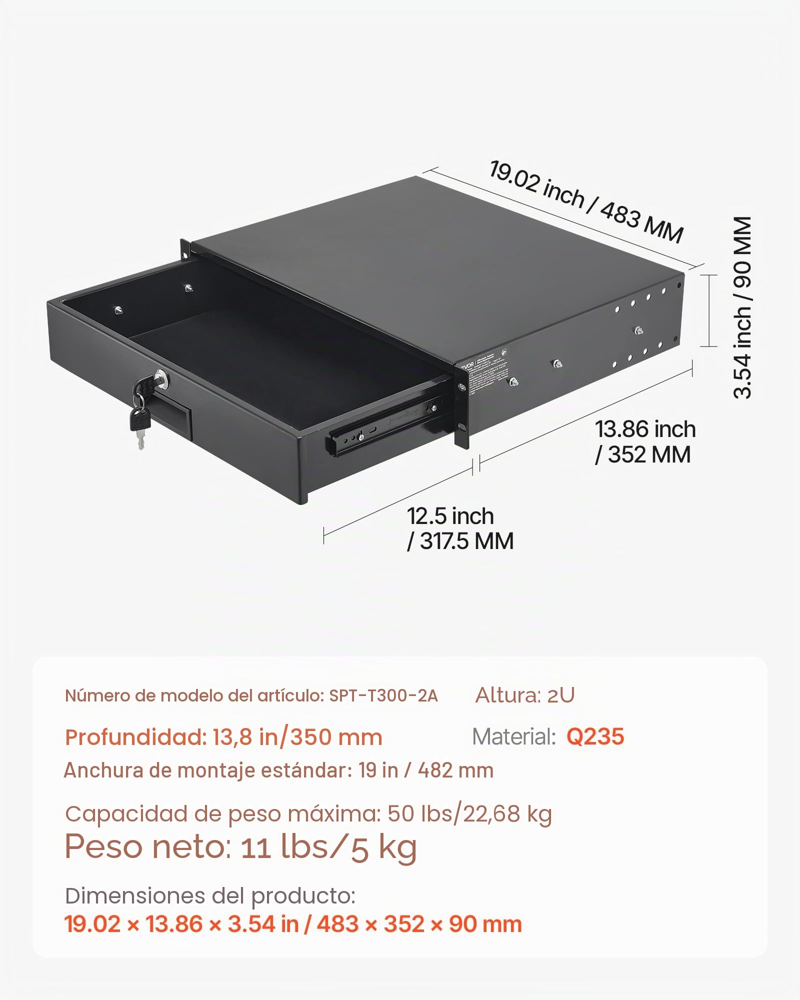 VEVOR Cajón para Montaje en Rack de 2U, Carga de 22,68 kg, Cajón Deslizante con Cerradura y Orificios para Gestión de Cables, para Rack o Gabinete de AV para Servidores de Equipos de Red de 48,26 cm