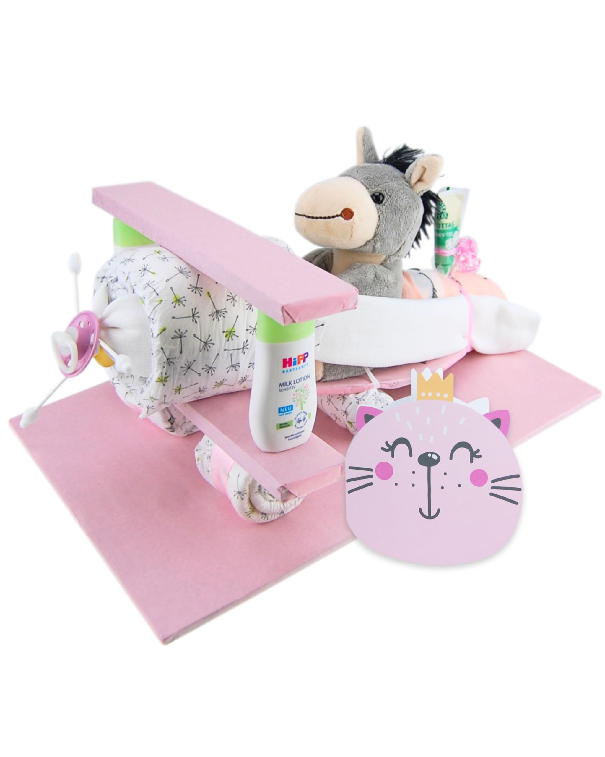 Flugzeug mit Kuscheltier - Plüschtier - Geschenk zur Geburt - Babyparty - Baby - Babyshower - Pullerparty… (Rosa/Mädchen)