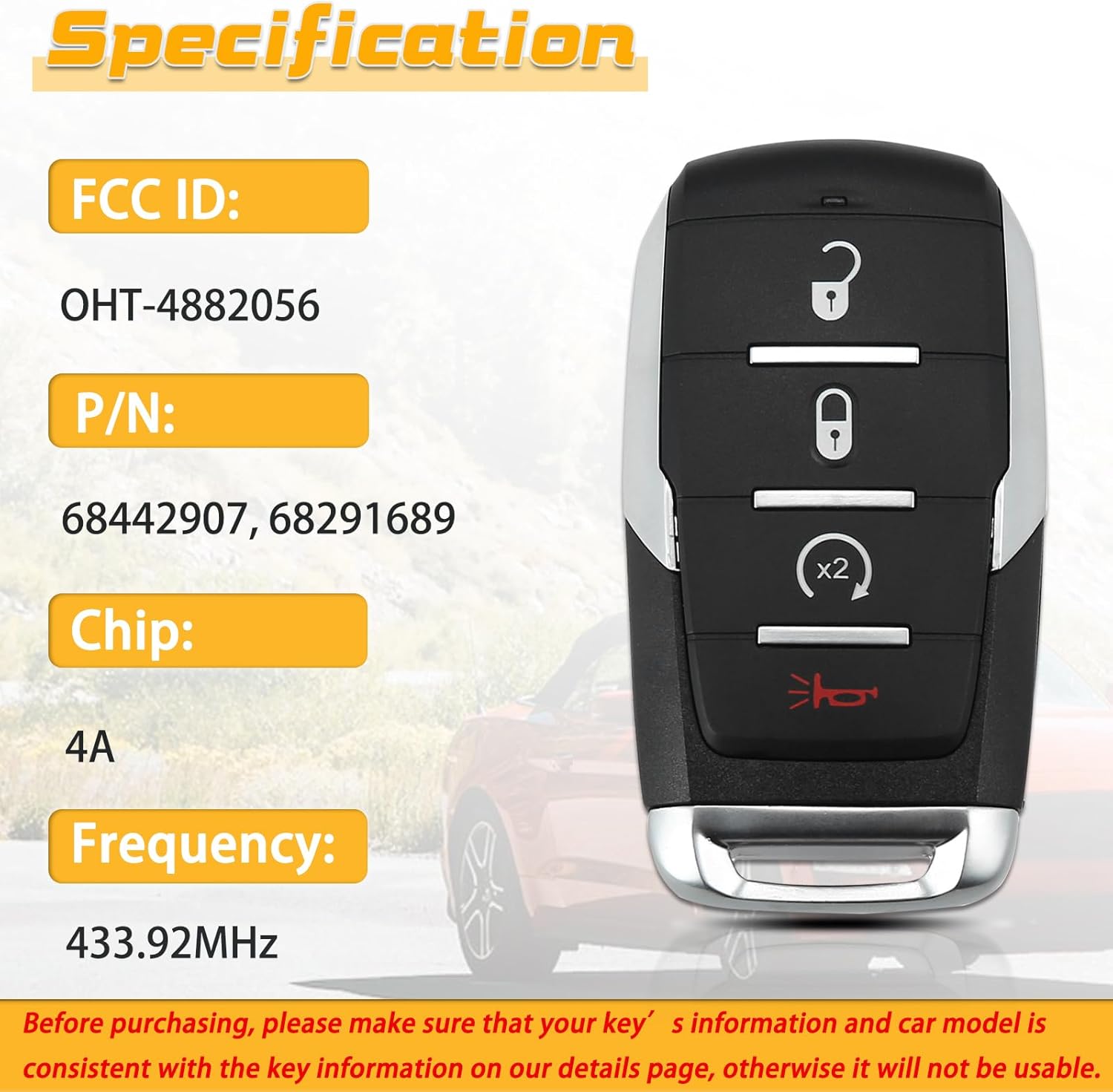 Key Fob Replacement Fits for Dodge Ram 1500 2019 2020 2021 2022 2023 2024 Keyless Entry Remote Control OHT-4882056